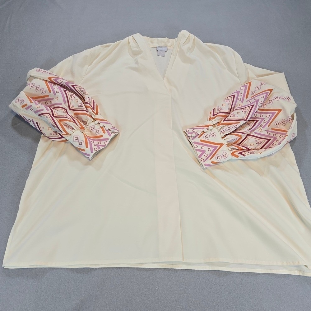 Chico's Blouse Womens 4 Cream Embroidered Geometric Statement Sleeve V-Neck